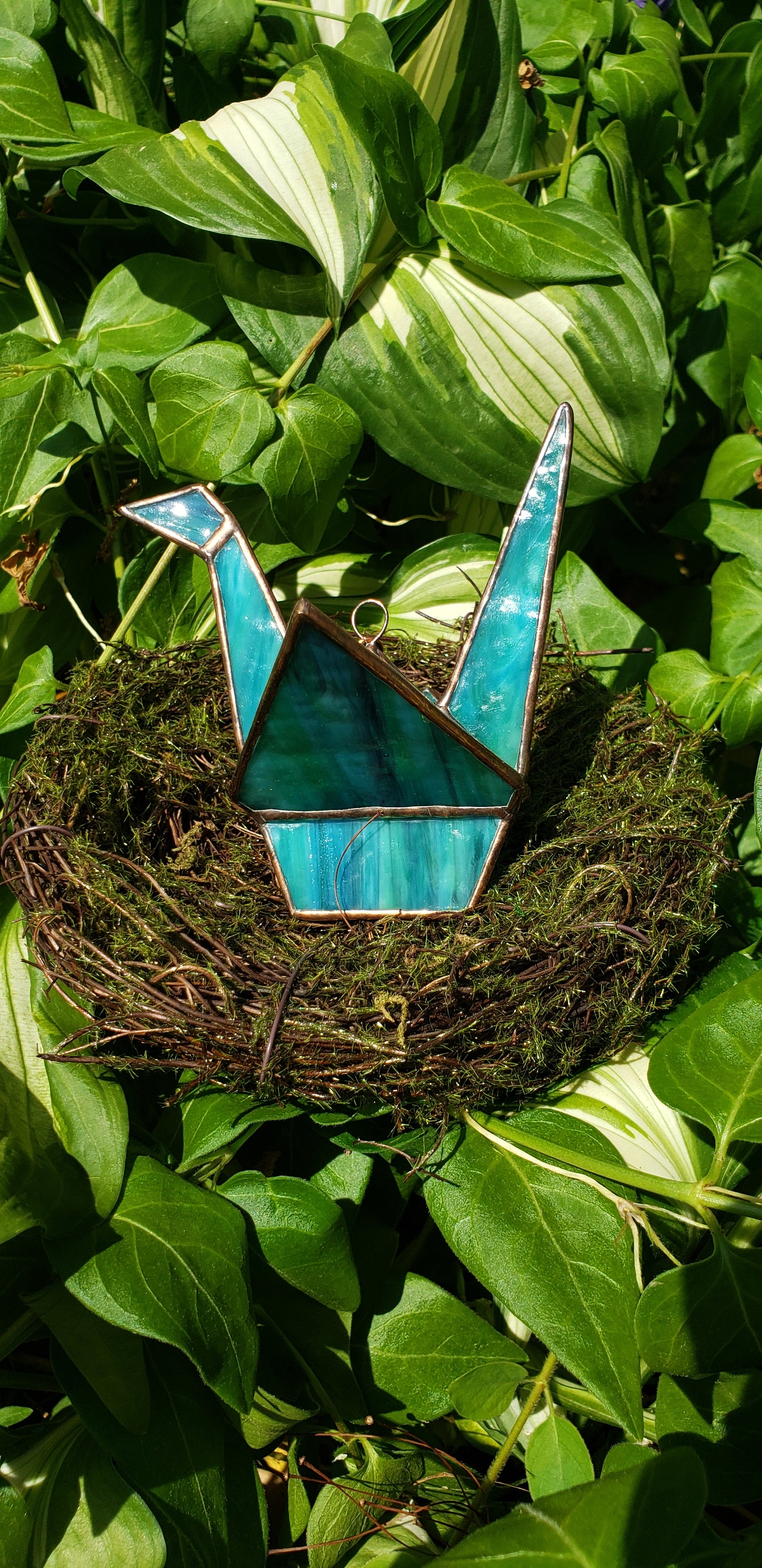 Blue/Green Swirl Stained-Glass Crane (#4)