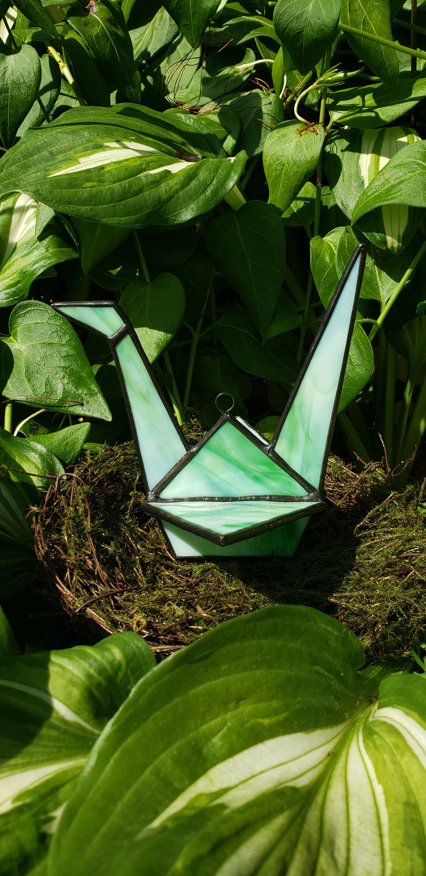 Creamy Green/White Stained-Glass Crane Small (#5)