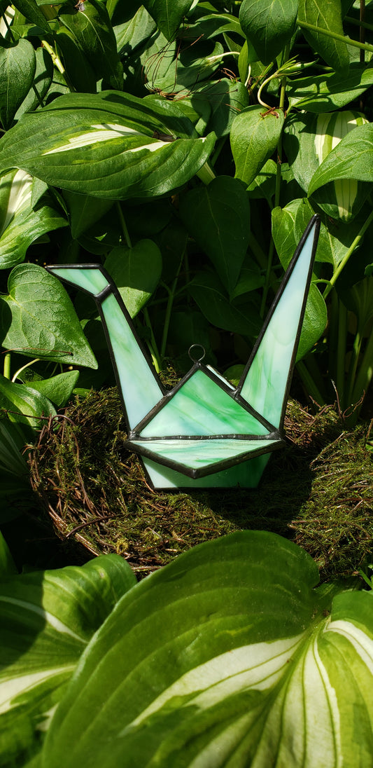 Creamy Green/White Stained-Glass Crane Small (#5)