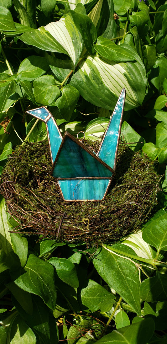 Blue/Green Swirl Stained-Glass Crane (#4)