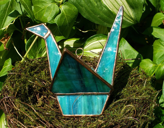 Blue/Green Stained-Glass Crane (#6)