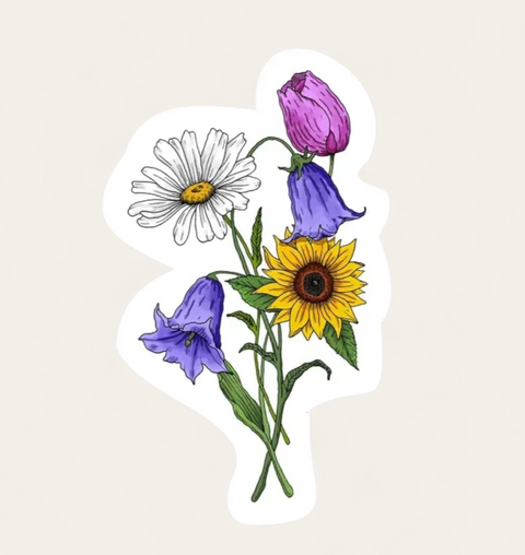 Sunflower, Daisy, Tulip & Bluebell Flower Bouquet Sticker