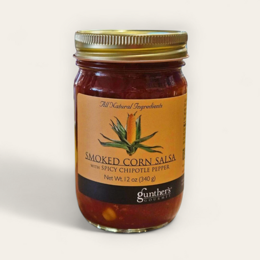 Gunther's Gourmet Smoked Corn Salsa with Spicy Chipotle Pepper 12oz. Jar